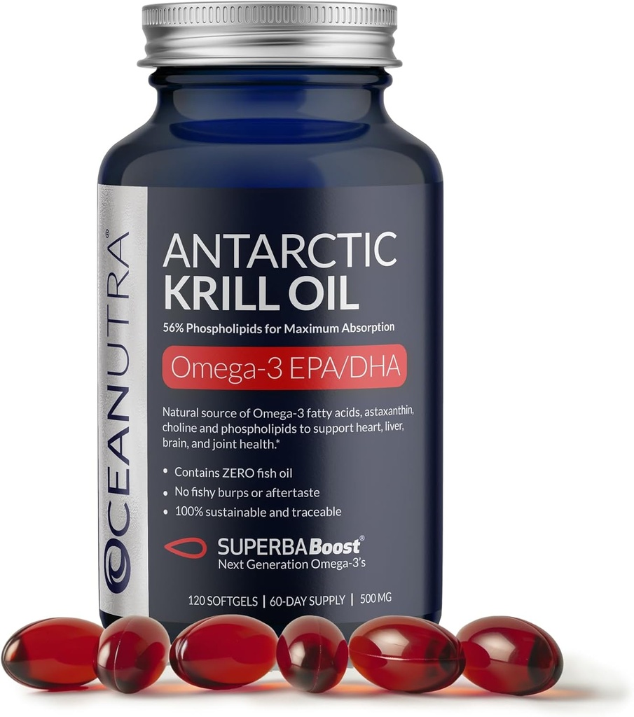 南极磷虾油500mg软胶,SuperbaBoost Omega 3 补编,EPA & DHA, Astaxanthin, Choline, 56%磷脂,可持续,无鱼油,香草(60天供应)