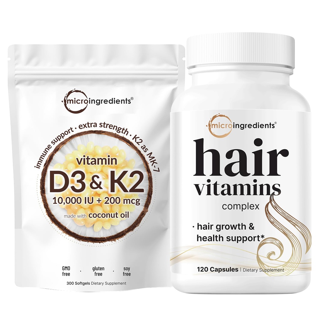 微成份 维生素 D3 10,000iu + K2 200mcg 椰油软胶和毛发 维生素复合物 Capsules Bundle 2 Pack → 基本阳光 维生素 + 14-in-1 高级毛发生长支持