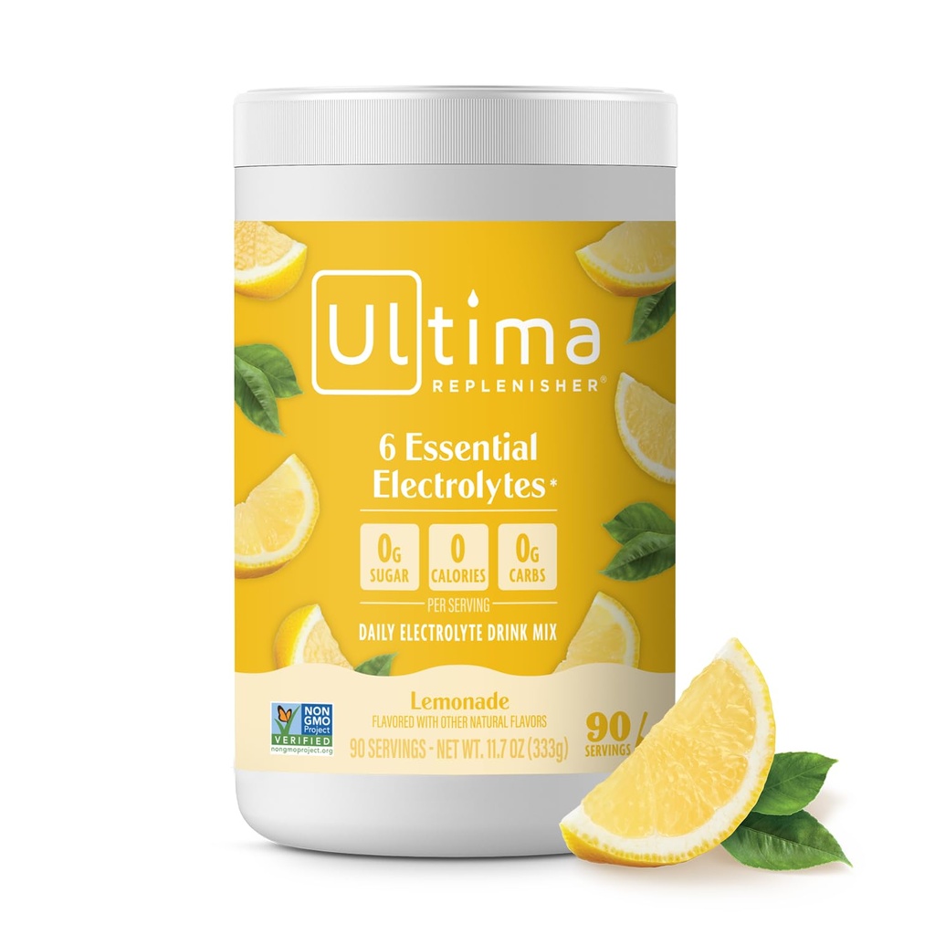Ultima Replenisher Daily Electrolyte Powder Drink Mix – 免糖水 – 柠檬水 90 services – 含6个关键电解质和跟踪矿物的水化粉 – Keto Friendly, Vegan, Non-GMO
