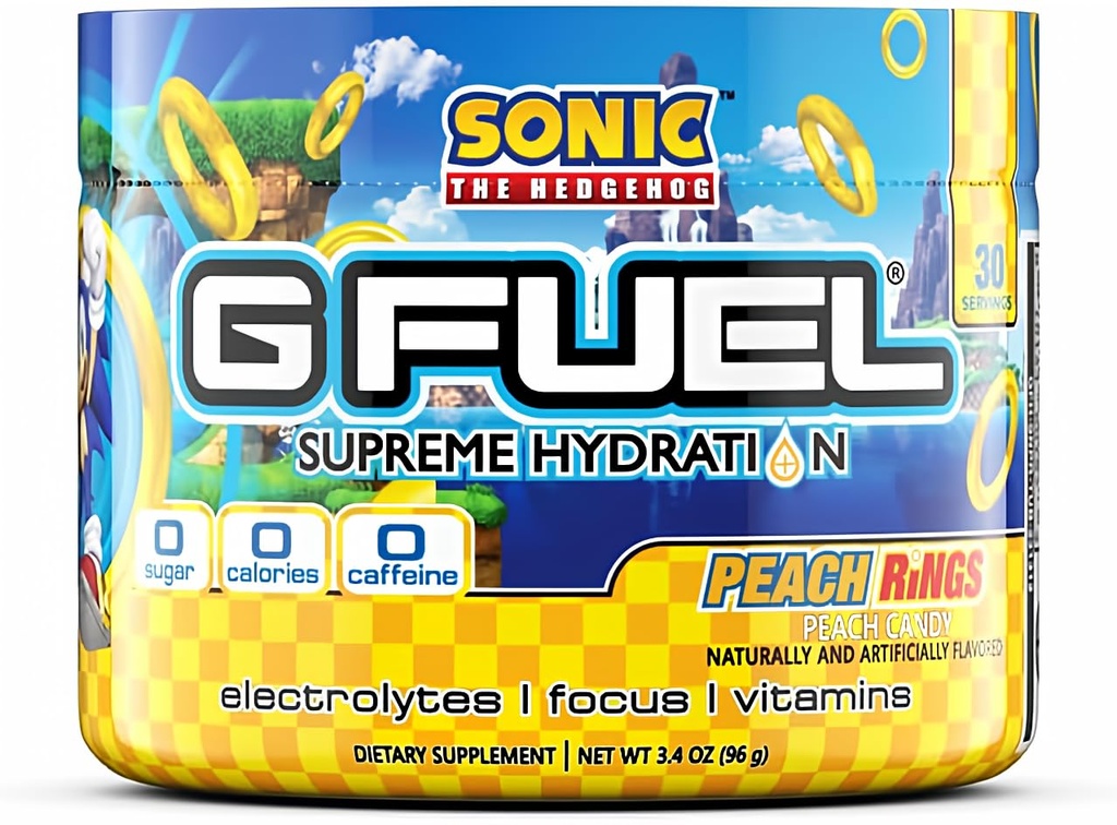G Fuel Sonic's Peach Rings Supreme Hydrition, Electrolyte Powder Mix for Energy & Focus, 糖和咖啡因免费补充剂 基本维生素和矿物, 桃仁 Rings Flavor,3.4 oz - 30 services