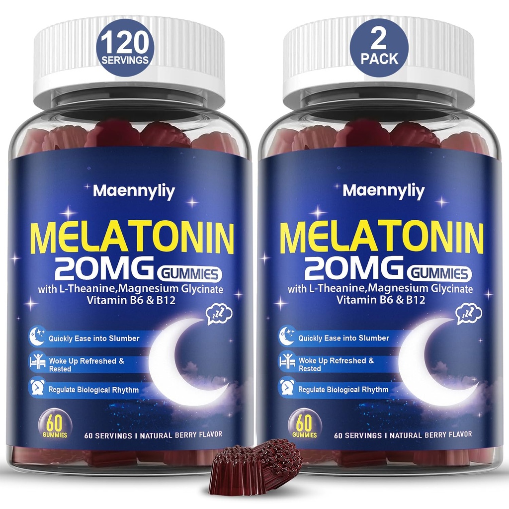 Maennyliy Melatonin 20 mg Gummys for 成人 - 不含糖的 Melatonin Gummys 外加L- Theanine, 镁, Ashwagandha, Turmeric, D3 & Zinc - 非哈比特成型