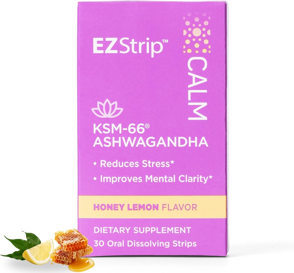 Calm Supplement - Honey Lemon Flavor, 30 Counter - 以 Ashwagandha KSM 66 帮助支持压力救济 - 在美国制造,糖和无胶