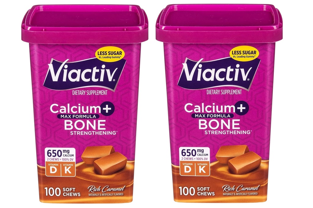 Viactiv Max 公式钙+维生素D3 骨质健康补充剂,Rich Caramel,100 Soft Chews - 2 Pack