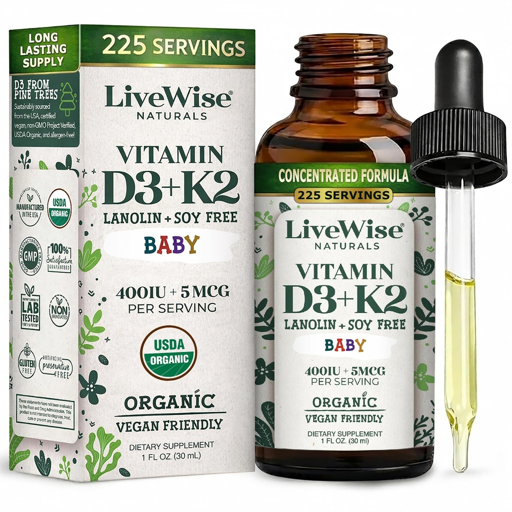LiveWise Naturals 婴儿维生素D3-K2 液体补充剂,婴儿和托德勒斯维生素滴,健康生长,发展和日常健康,玻璃瓶易用滴,1Fl Oz