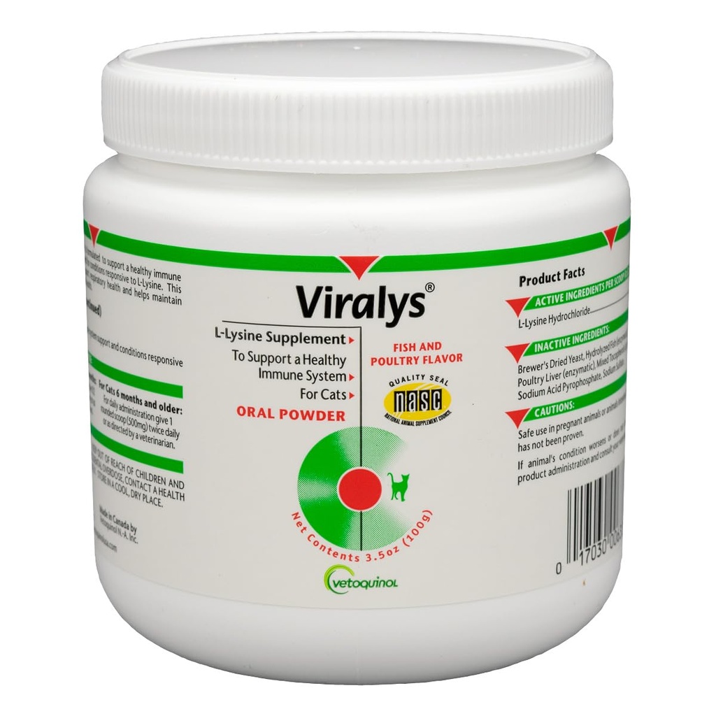 Vetoquinol Viralys Daily L-Lysine Power for Cats and Kittens, Fish Flavored Lysine Supplement for Cats and Kittens 支持免疫健康,正常眼功能和呼吸健康, 100gm