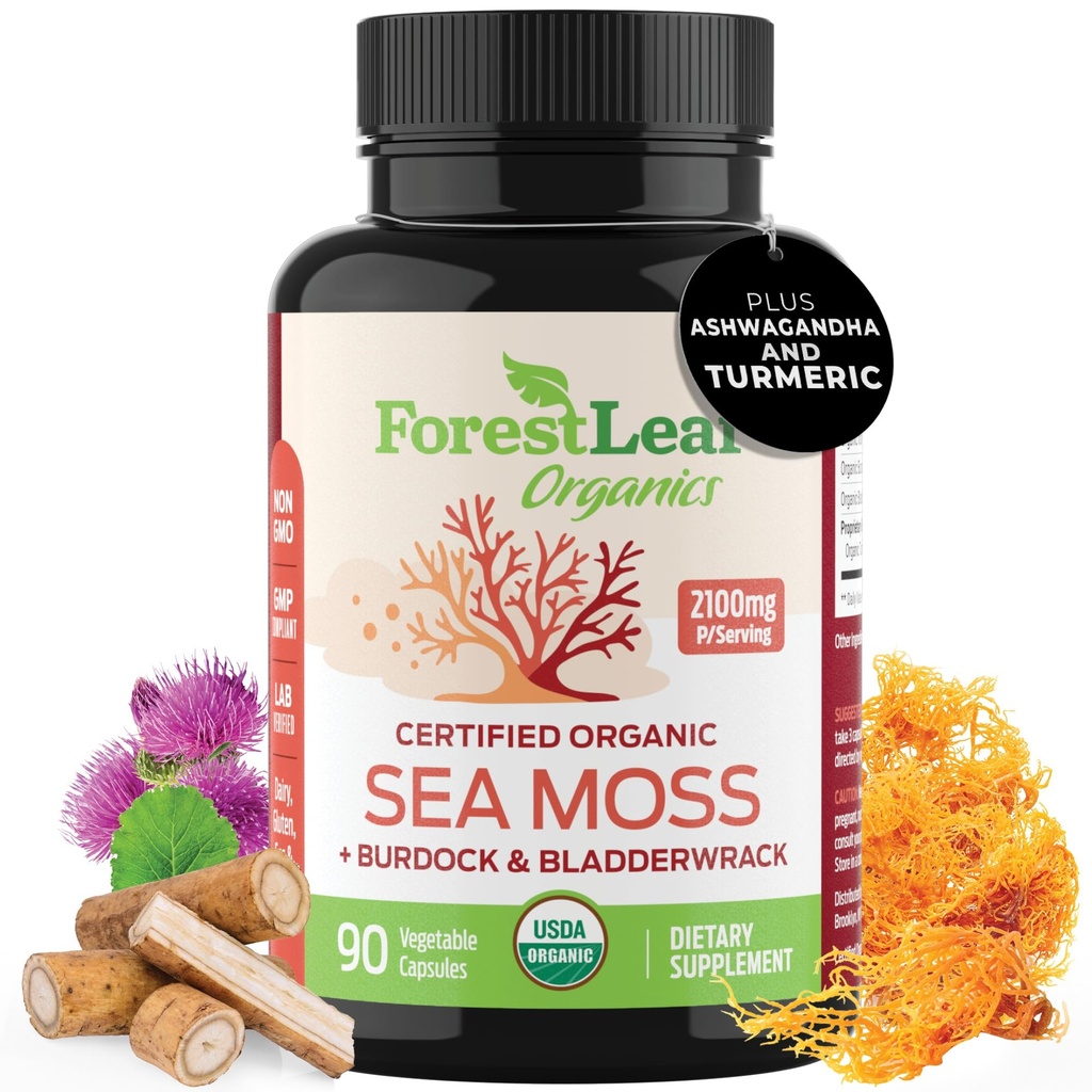 森林叶 有机爱尔兰海 Moss Capsules → 2100mg Raw Seamos Pills Advanced Superfood + Burdock, Bladderwrack for Digestive,呼吸,Immune 健康 → 90 Vegan 有机海 Moss Caps
