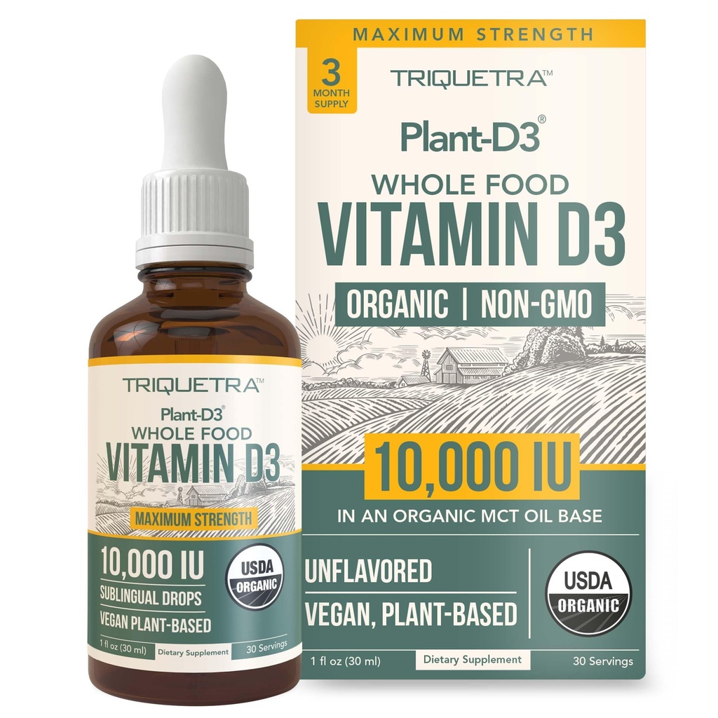有机维生素D3 10,000 IU - Plant D3, Vegan, Max 强亚语言液体 D3 滴水量 - 200% 高吸附量,100% 植物基Colecalciferol Form & Vegan D3,可调整剂量(30次服务)