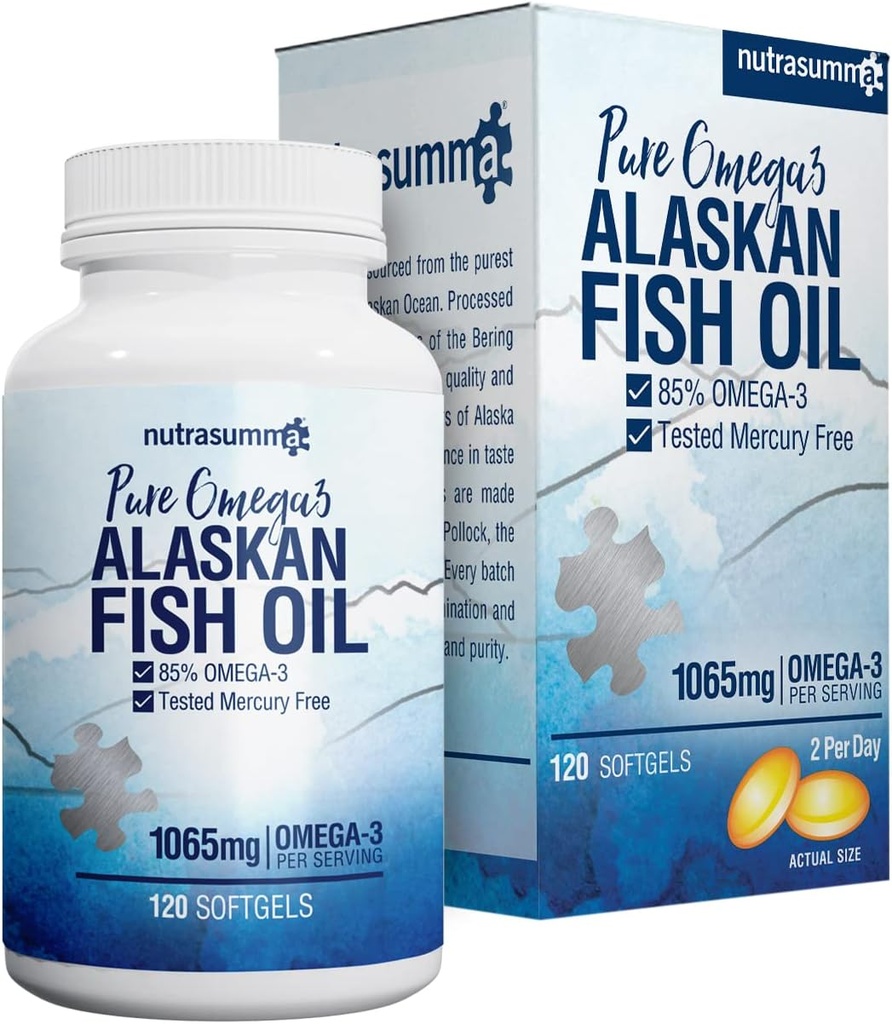 Nutrasumma High Pruized Omega 3 补充野生阿拉斯加鱼油 Burpless & no Fishy Taste, 650mg EPA & 270mg DHA 鱼油软胶,Gluten Free, Heart, Brain and Immune Supports, 60 services