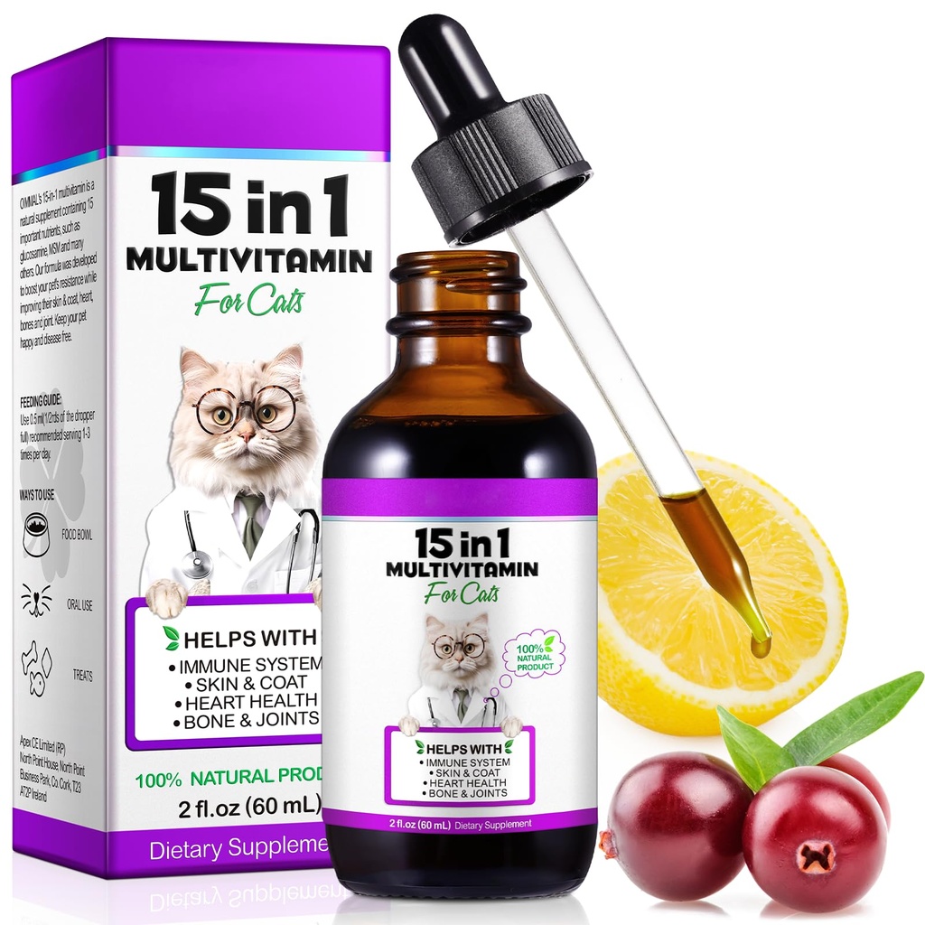 Cat Multivitamin,15 in 1 Cat 维生素液体滴液补充剂用于心脏健康,骨骼,联合,皮肤和煤炭,Bladder,Immune系统支持60ml
