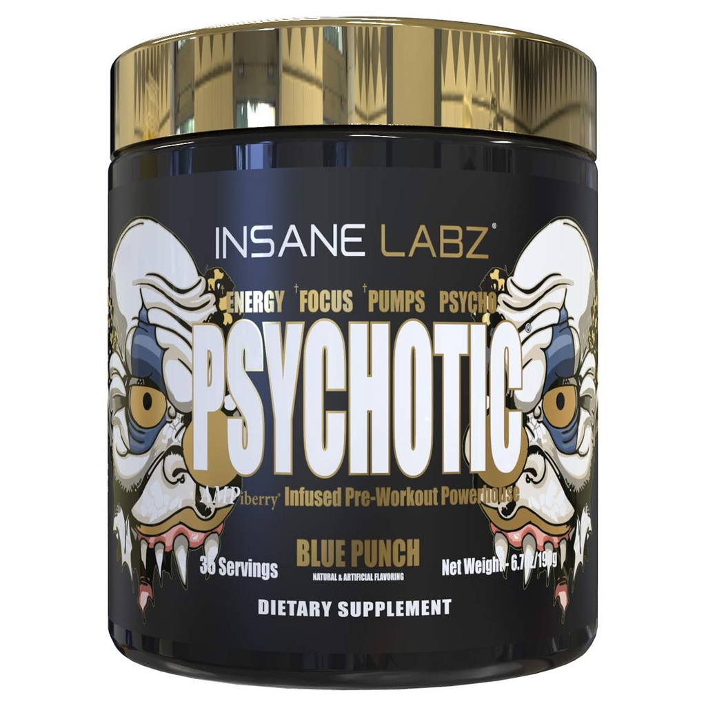 Insane Labz 心理金,高兴奋剂预研粉,极端耐久能量聚焦,泵和耐久性与Beta Alanine,DMAE Bitartrate,NO Booster(35架服务,蓝色Punch)