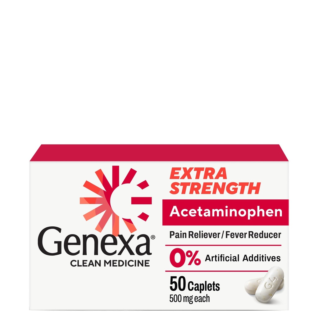 Genexa Clean Acetaminophen 500mg 额外力量,Dye 自由疼痛 解热器,0% 人工添加剂,成人疼痛药物,解热头痛,背痛,小关节炎疼痛,50片