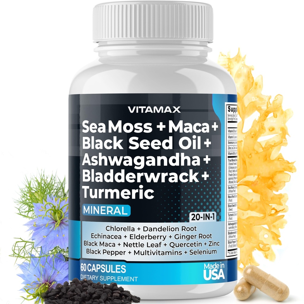 Sea Moss Maca 黑种子油 Ashwagandha Bladderwrack Turmeric - Manuka Honey, 长老莓,维生素C & D3, Dandelion & Black Pepper - 非GMO - Vegan - 美国制造 - 60厘米