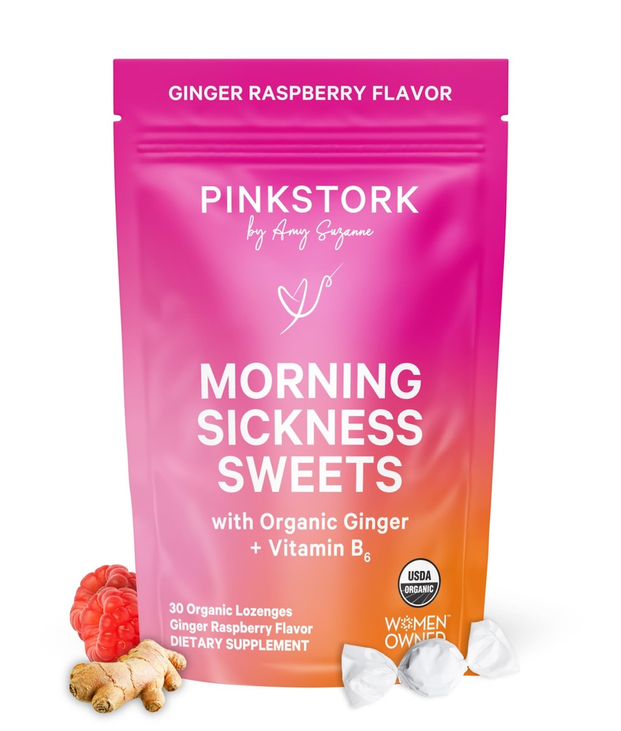 Pink Stork Morning Sweets,有机树莓姜糖加维生素B6,支持运动疾病,产前心脏灼伤-怀孕必须拥有-30个包状滴水