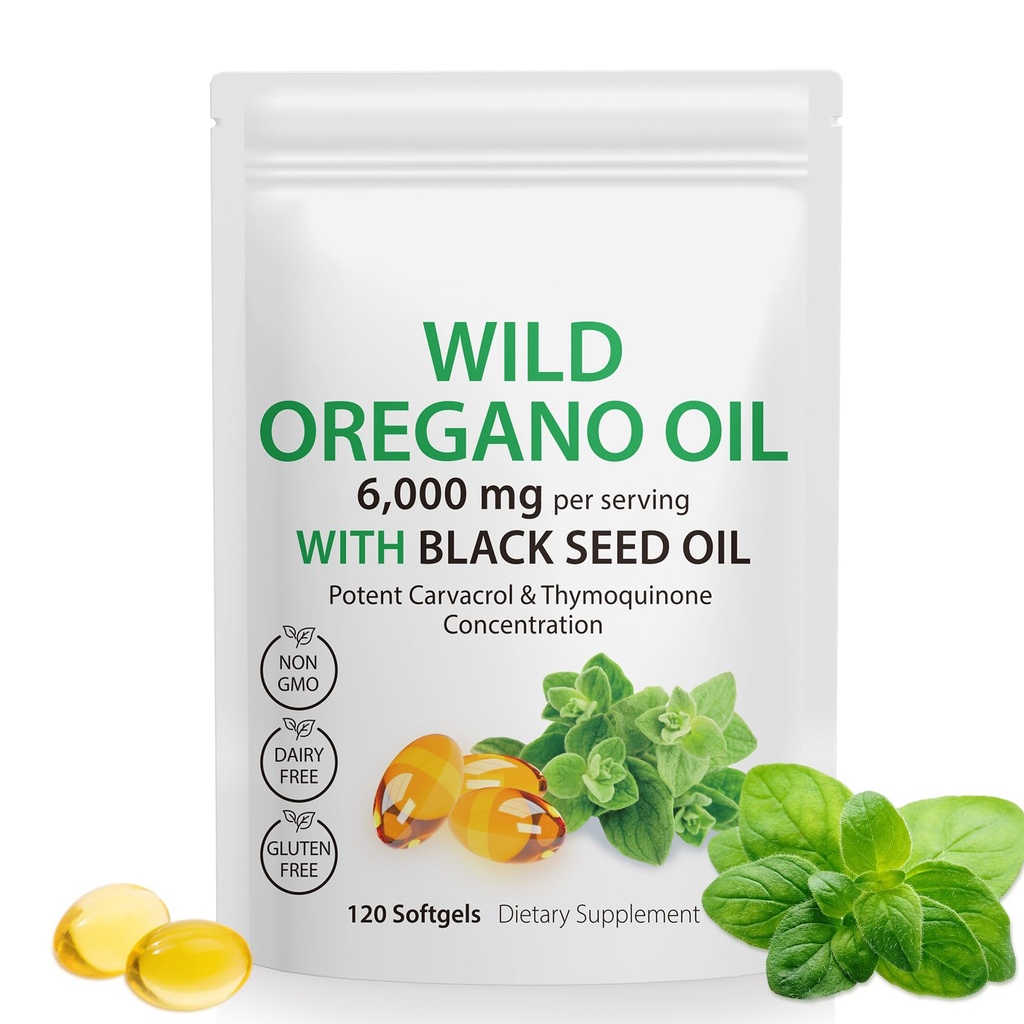 Oregano软胶油 - 野生Oregano油 6000mg 配黑种子油 200mg Capsules, 120 counter, Potent Carvacrol & Thymoquinone, 非GMO, 乳品自由, Gluten Free