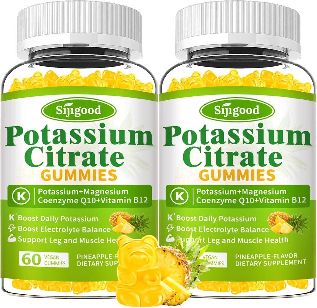 2 Pack Potassium Citrate Gummys – 肌肉健康高潜力钾补充剂,腿板减压剂,电解平衡 – Vegan, Non-GMO, Gluten-Free, Pineapple Flavor, 120 Count