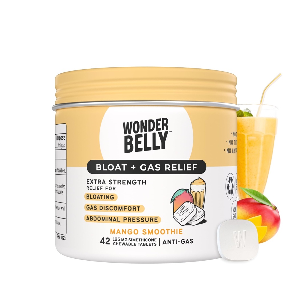 Wonderbelly Bloat + Gas Relief, Extrastrong Chewable 片, 125 mg Simethicone, No Talc 或 Dye, 芒果滑冰, 42 计数