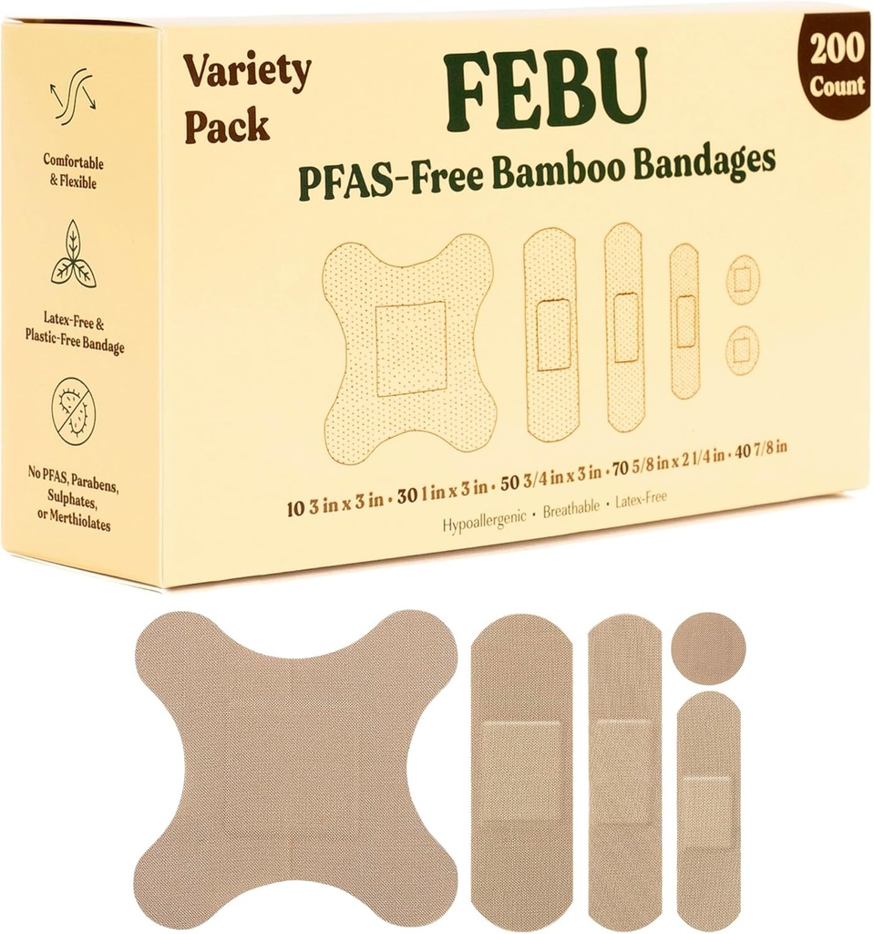 FEBU 生态友好的竹条 竹条 Bandages QQ PFAS 自由的竹条 Bandages for Scrapes & Cuts QQ 弹性的竹条 Bandage | Fully Composable, Latex free Bandage | 200 伯爵 Bulk Variety