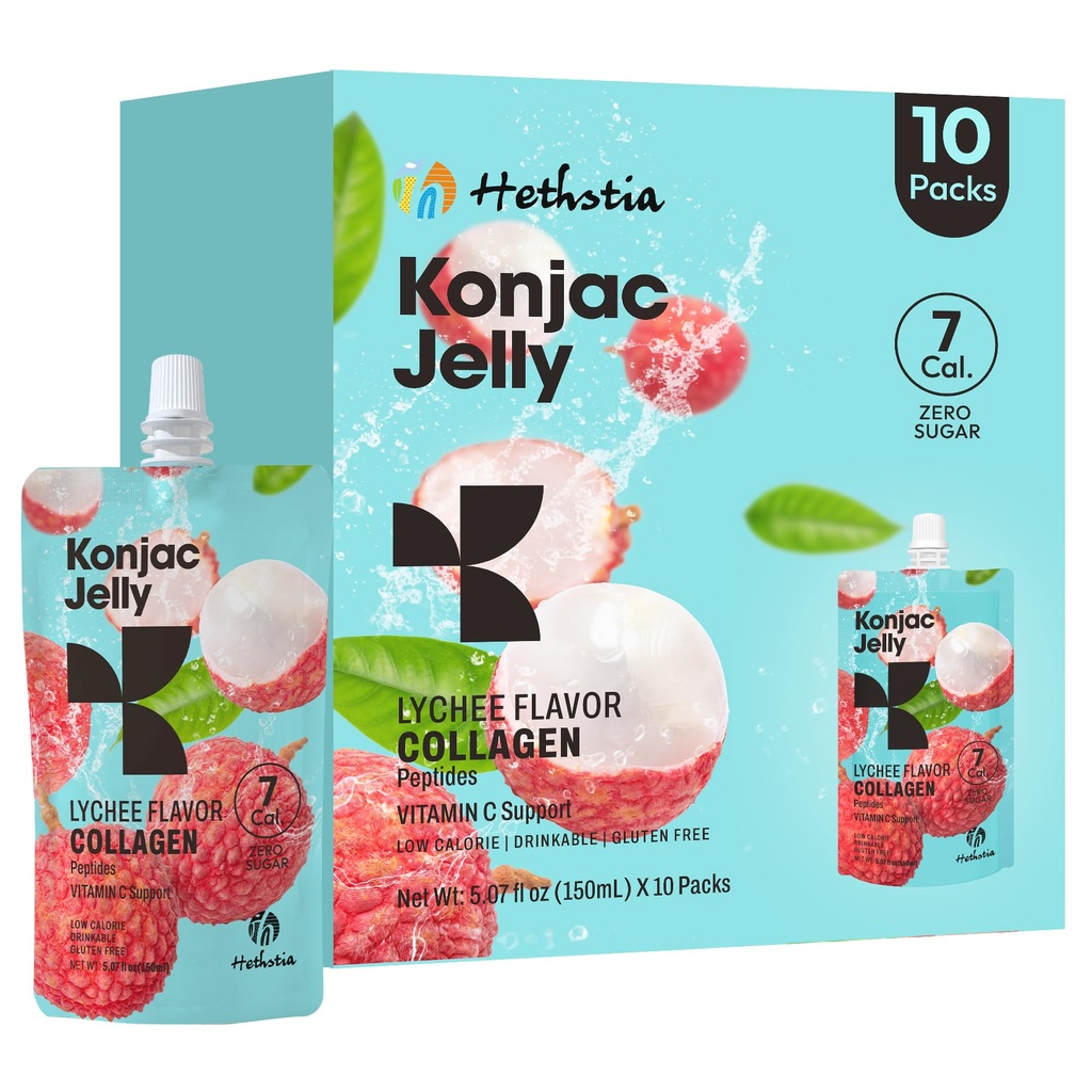 Hethstia Konjac Jelly, Lychee Konjac Jelly 10 Pouches with Collagen Peptides, 低卡罗里可饮用 Litchi Jello, 维生素C 轻薄饼,无糖, Keto, 无胶,健康食品礼品