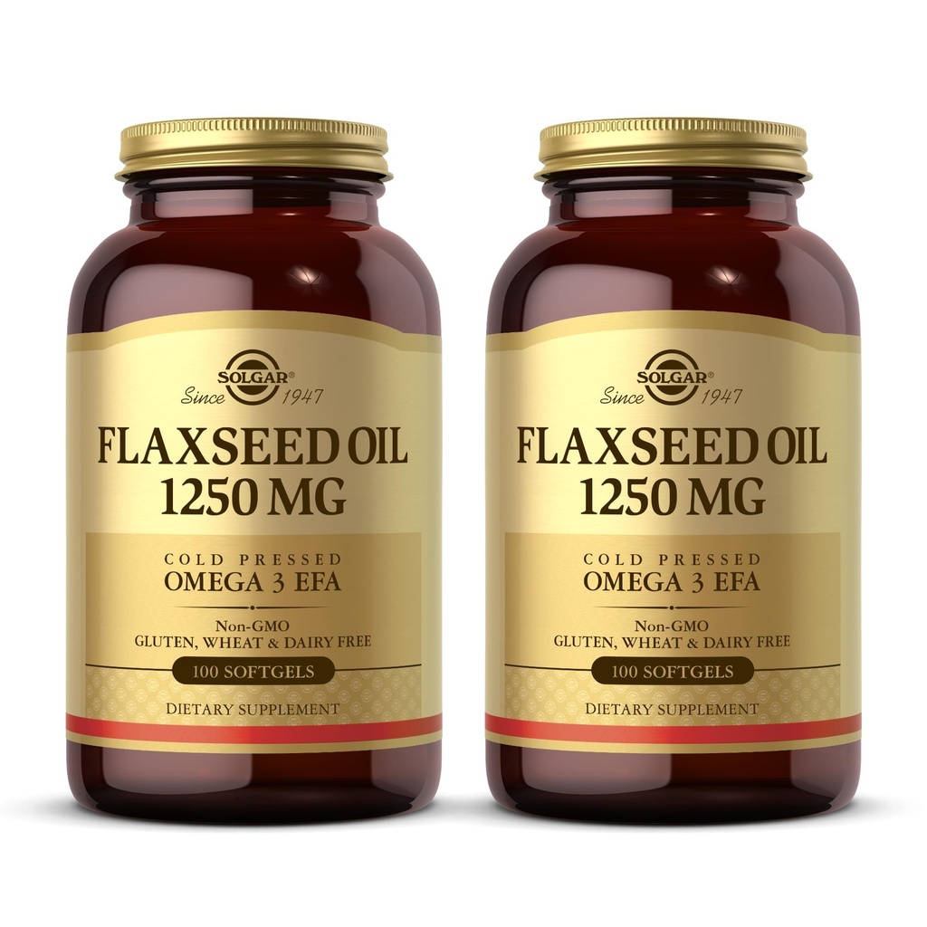 Solgar Flaxseed Oil 1250 mg - 100 Softgels, pack of 2 - 集中植物来源 Omega-3 Alpha-Linoleic Acid(ALA) - 非GMO, Gluten Free - 100 总功用