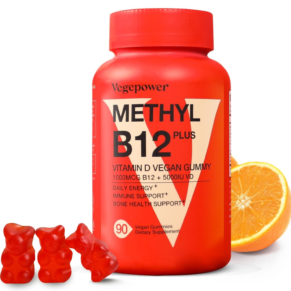 维生素B12 D3 Vegan Gummys - 90 Count I 1000 MCG Methy B12 & 5000 IU 维生素D Gummy Chewable Supplements for adderns & Kids - Immune Health & Daily Energy Boost - 非GMO, Orange (英语).