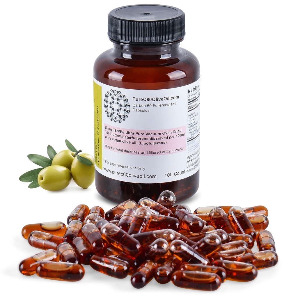 纯C60OliveOil C60 有机橄榄油胶囊药 100ml / 3.4 Fl Oz - 99.99% 碳60 溶液自由 80mg - 食物级 - 碳60 橄榄油 - 来自领先的全球生产商