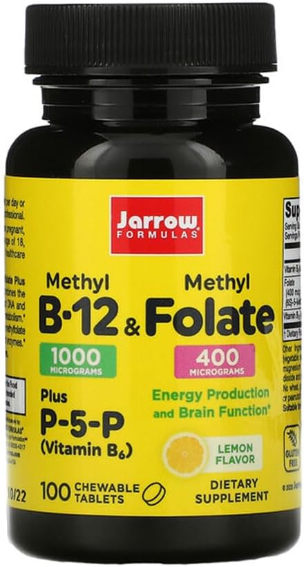 Jarrow Formules Methyl B-12 & Methyl Folate - 100 Chewable Tables, Lemon - Pack of 2 - 生物活性维生素 B12 & B9 - 支持能源生产,脑功能和代谢 - 200 总功用