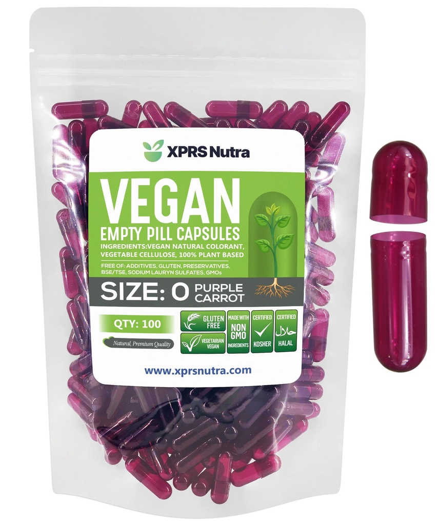 XPRS Nutra 大小 0 空卡普尔- 100 空卡普尔- 100 伯爵 Vegan 卡普尔- 蔬菜药丸 - DIY 蔬菜卡普尔充填 - 蔬菜卡普尔用于Do- It- Yourself 补充品(Purple Carrot)