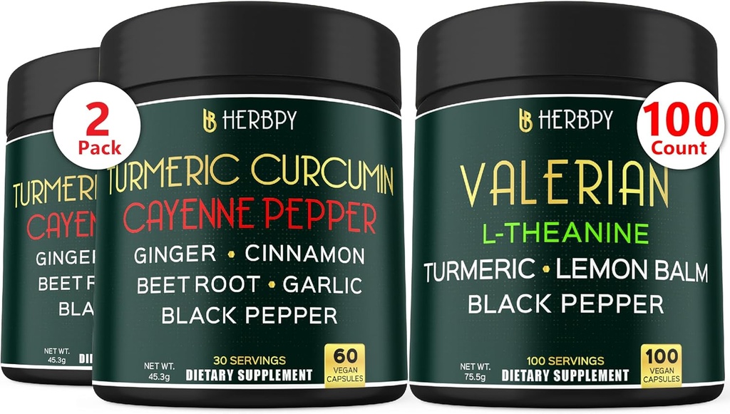 Bundle 7in1 Turmeric Curcumin & 5in1 Valerian Root 补充 - 支持文摘、心脏健康、免疫和放松