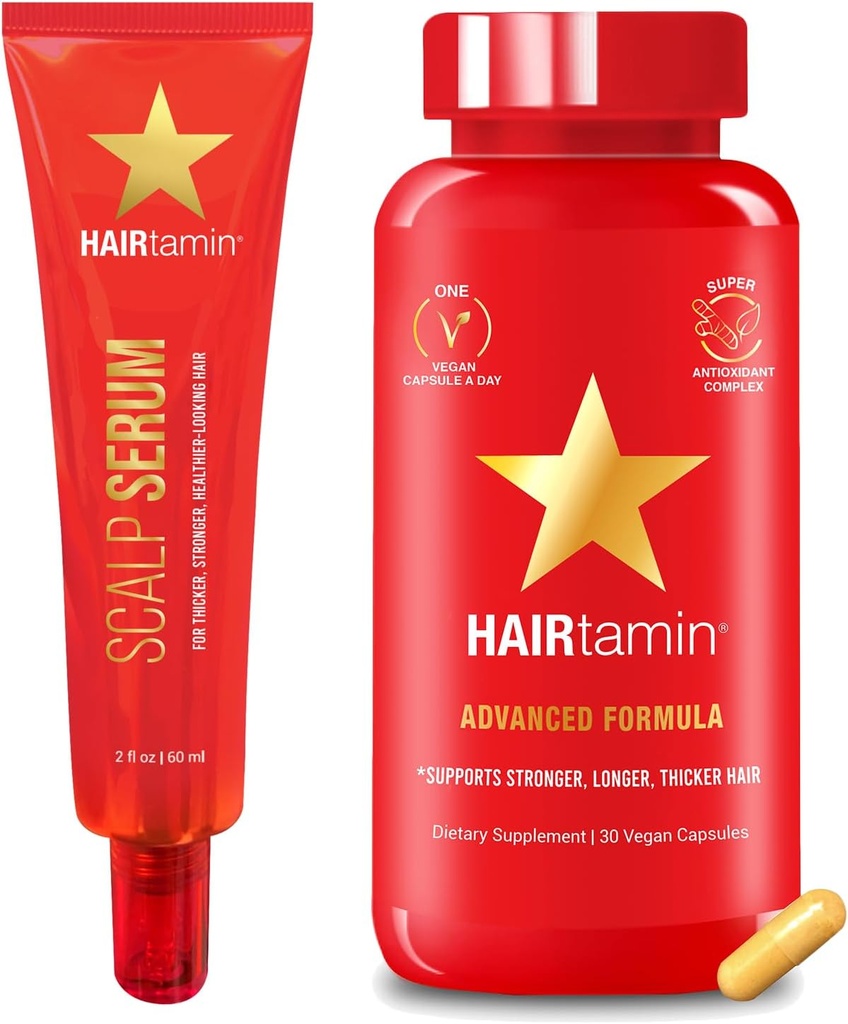 HAIRtamin 高级发型和Scalp 血清包 | 全自然 Vegan Biotin Capsules 和 血清样本,用于发型,皮肤和钉状生长