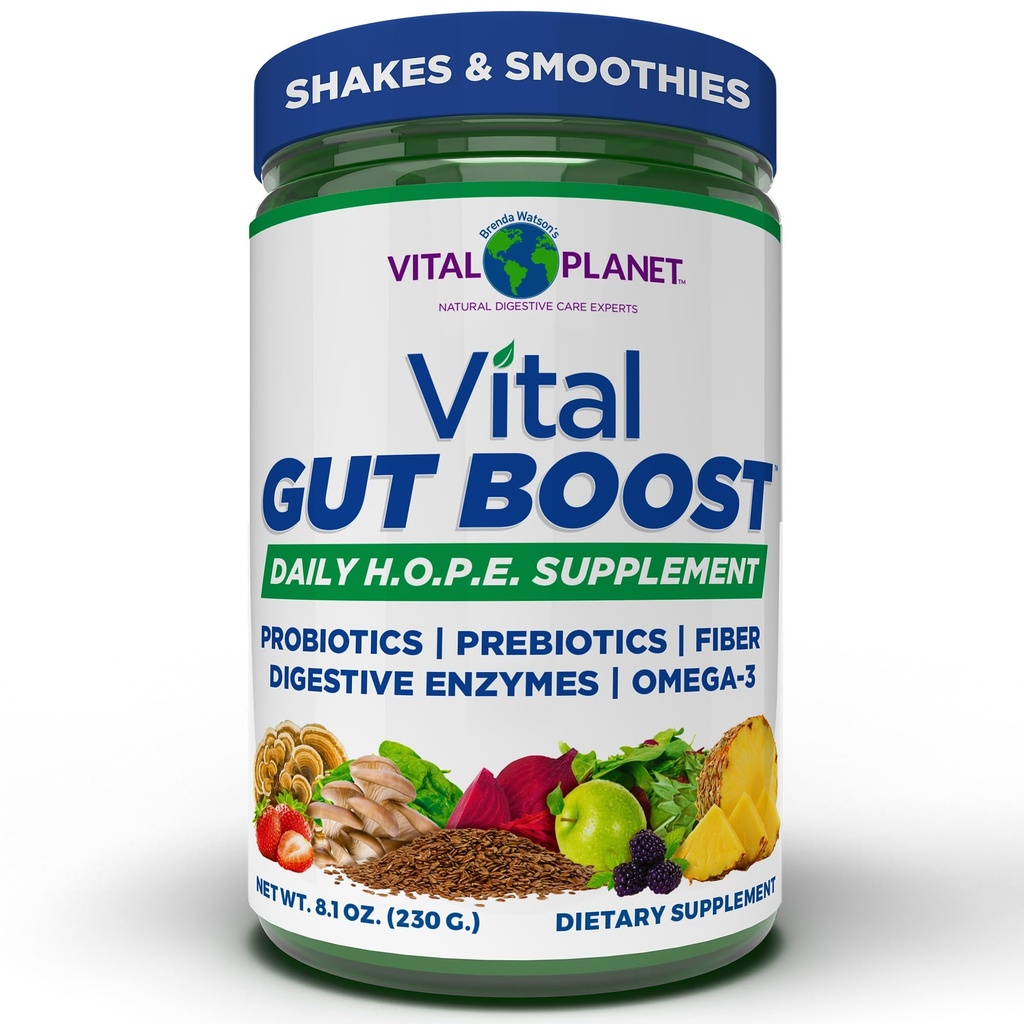 生命星球 - Brenda Watson的Vital Gut Boost Powder, PBS Gut Check Hope Supplement with Fiber 35, Omega 3 Oil, Probiotics, 和消化酶, 8.1oz, 230 Grams, 30 services