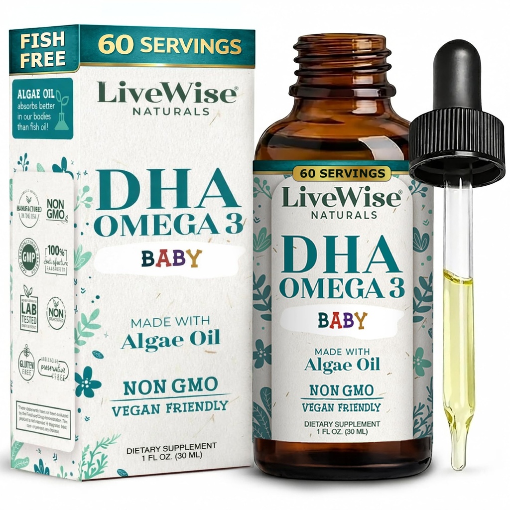 LiveWise Naturals DHA Omega-3 婴儿和托德勒斯液滴 维根-友好的奥梅加-3 基本补充,促进健康大脑,眼睛,防体,婴儿和托德勒营养