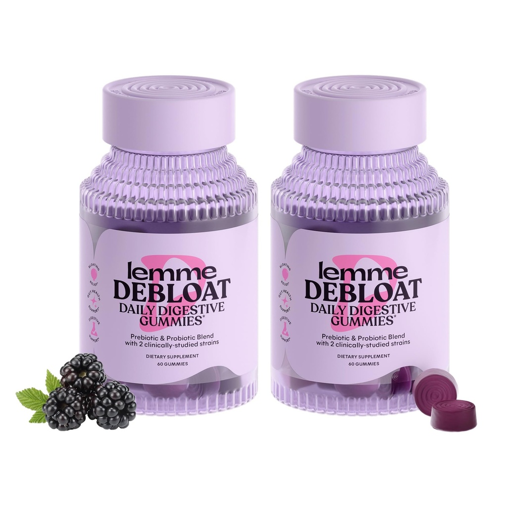 Lemme Debloat - 带有2种临床研究的Probiotics & Prebiotic,植物学,Gluten Free,非转基因生物,BlackBerry Flavor (60 Counter) (Pack of 2)的消化和古特健康Gummys.
