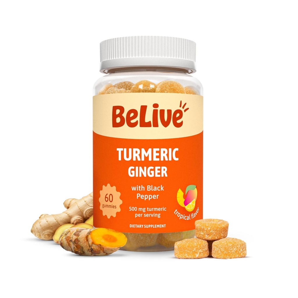 BeLive Turmeric Curcumin with Black Pepper & Ginger - 500 mg of Turmeric and Ginger for Imune support, 健康皮肤和流动性 - 热带火焰 - 60 计数