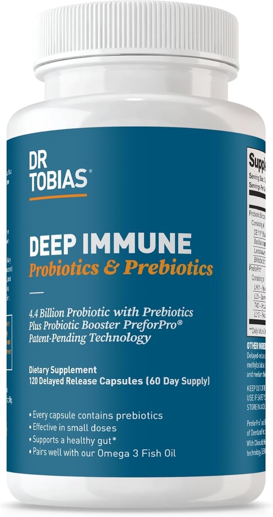Tobias Deep Imune Probiotics & Prebiotics博士,双行动文摘和免疫支持,预生和延迟释放,为妇女和男子形成Probiotics,120个Capsules,60个服务