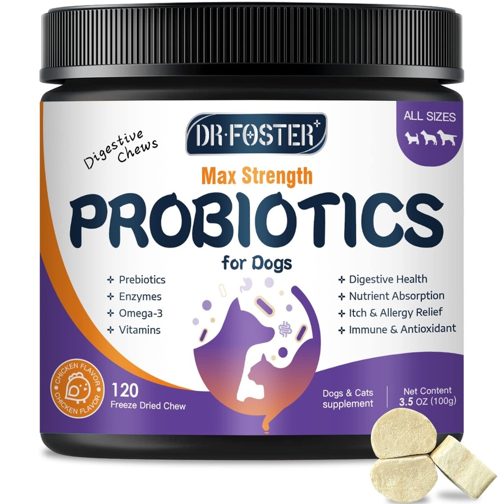 狗的抗生素、冷冻-干狗的抗生素和消化酶、头骨皮的Omega-3、消化保健的3-in-1、狗维生素和补品120比特