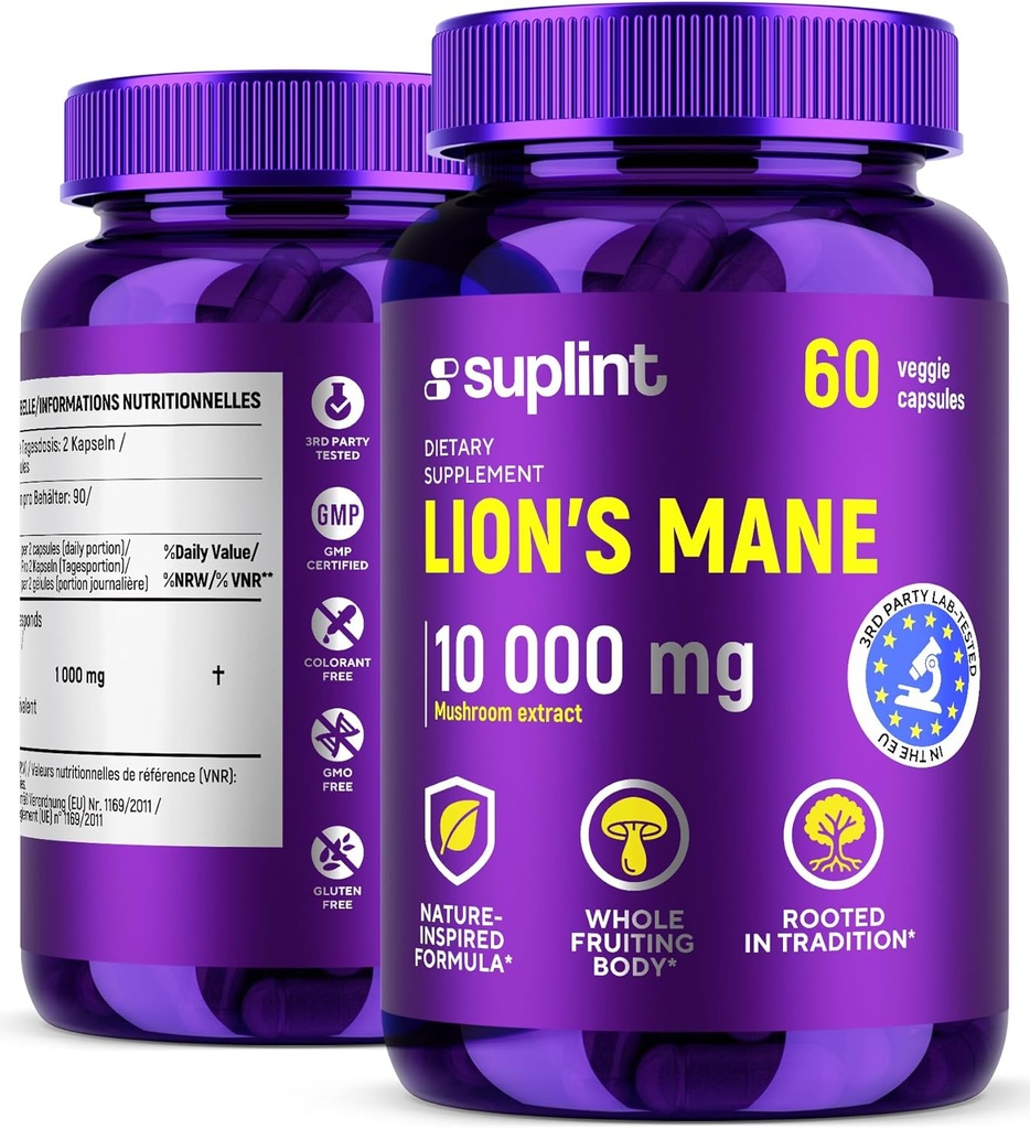 狮子的马恩蘑菇补充剂 10,000 mg → 记忆、焦点和清晰度的饮食补充剂 → 女性和男性的日常免疫系统支助综合体 → 非GMO、无胶囊、维冈 → 60 Capsules