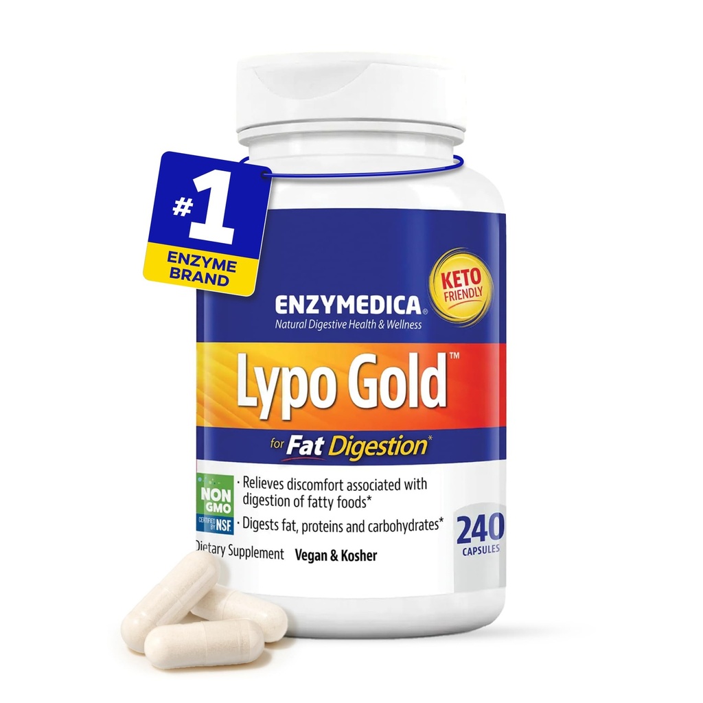 Enzymedica Lypo Gold, 高易感Lipase 消化酶 肥胖消化酶,支持偶发的Bloating 救济和消化酶健康, Keto-Friendly, Vegan, 240 Capsules