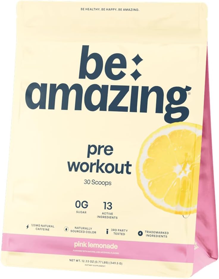 BE AMAZING 工作前粉, Vegan 配有125mg天然咖啡因, Ashwagandha 和适配体, 男女免费饮用混合糖, Gluten 免费, 非转基因生物, 粉红柠檬水, 30种服务