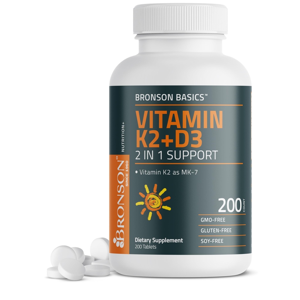 Bronson Vitamin K2 D3(MK7) 补充非GMO 公式 Vitamin D3 5000IU(125 mcg) & 90 mcg K2 MK-7,易吞D&K Complex,200 板块