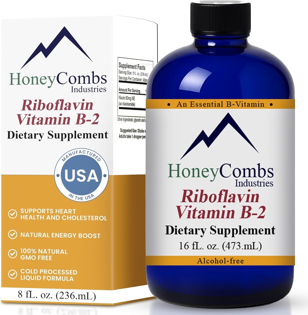 HoneyCombs Vitamin B2 Riboflavin 补充液滴 - 男女高发性维生素B2 - 维持健康消化,神经系统,头发,皮肤,直肠 - Vegan 液滴(16 Fl oz)