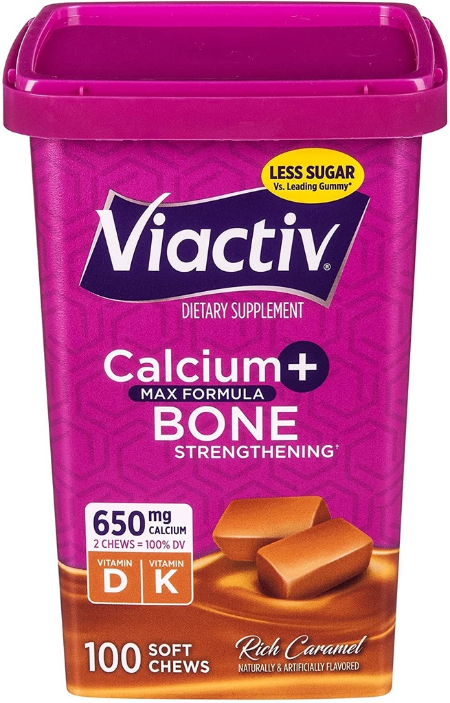 Viactiv Max 公式钙+维生素 D3 骨质健康补充剂, Rich Caramel, 100 Soft Chews - 5 Pack