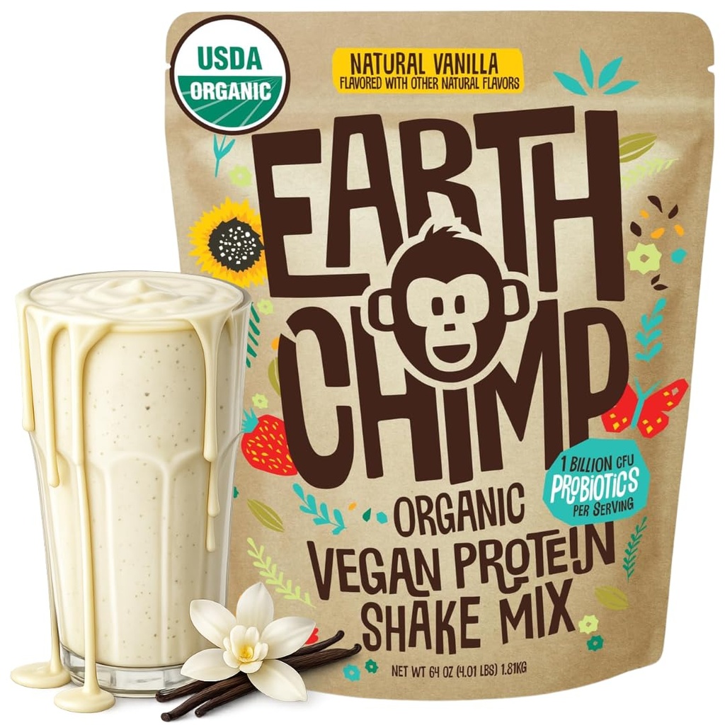 Earth Chimp Organization Vegan蛋白粉 - 配有Probiotics - 非转基因生物,乳品免费,Non Whey, 男女植物蛋白粉,Gluten免费 - 52 services 64 Oz (Vanilla)
