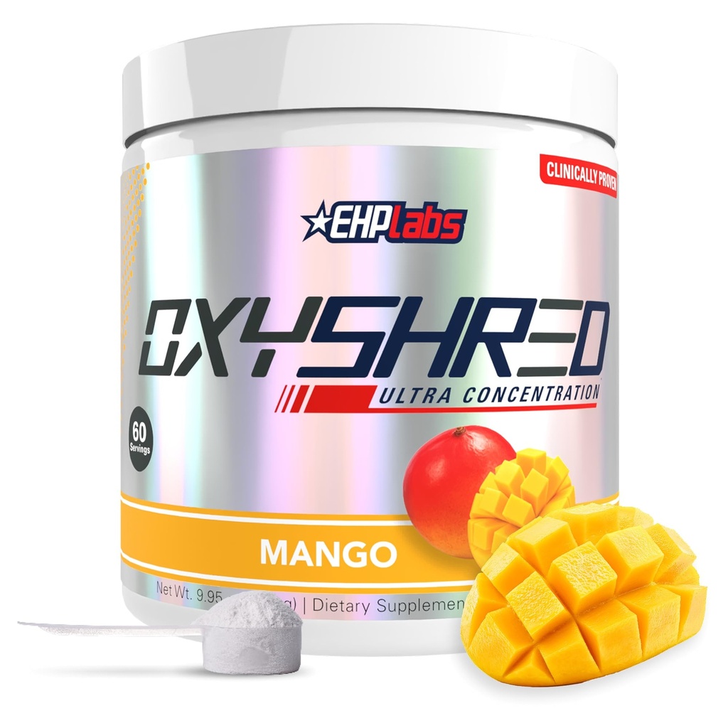 EHP实验室 OxyShred Pre Workout 粉末 - L Glutamine & Acetyl L Carnitine的预工作粉末, 能量靴饮料 - 芒果, 60种服务