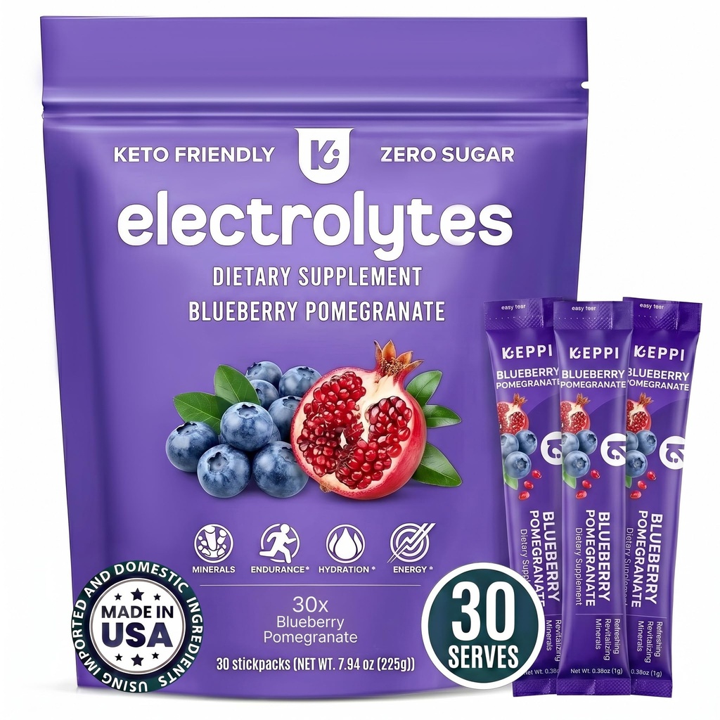 Keppi Electrolytes Powder Packets – 蓝莓石榴30 services – 无糖水化补充剂 钾,镁,钠 – Keto, Vegan, Fasting-Friendly, Zero Calorie 水化包