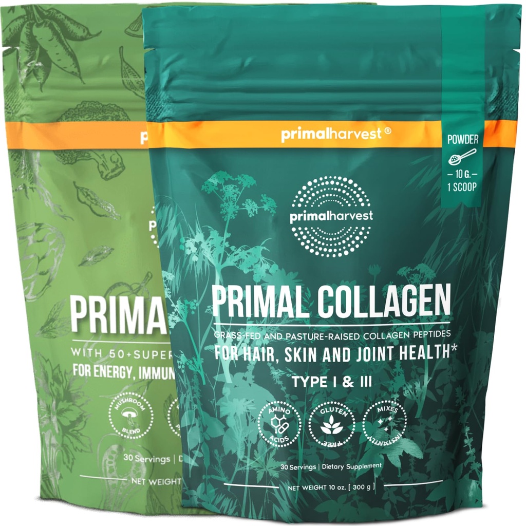 Primal 收获超级绿色和柯拉根粉末 女性和男性超级食品 绿色和柯拉根 Peptides粉末 头发、皮肤和钉子盒