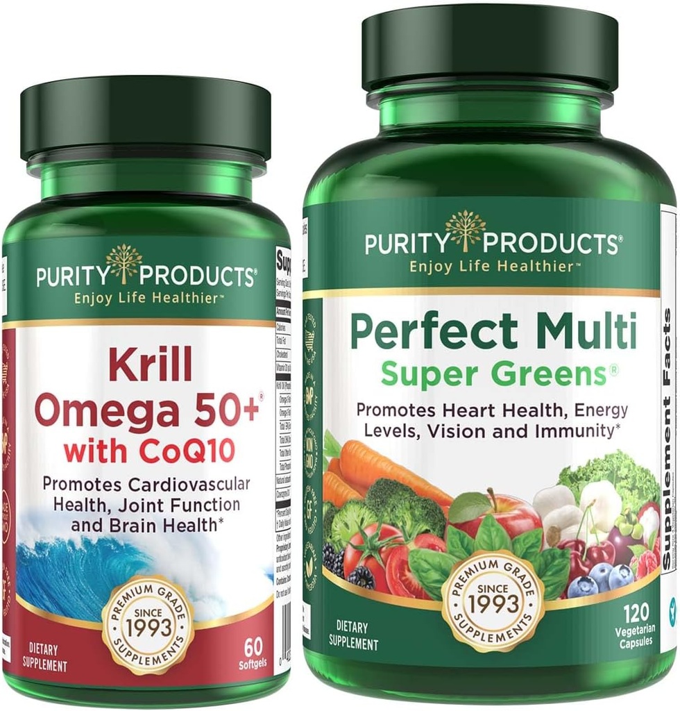 纯净产品套装 - Krill Omega 50+ 与 CoQ10 + 完美多绿色
