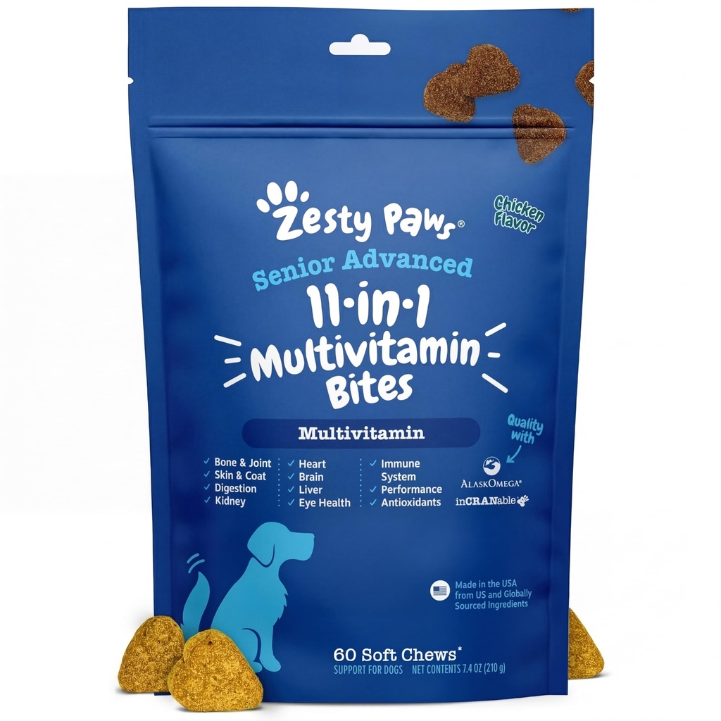 Zesty Paws 老年狗多维他明治疗 - 狗的葡萄糖胺 + 消化酶和亲生素 - 谷物自由狗维生素 和 皮和肉 + Immune 健康鸡 - 高级 - 60厘米