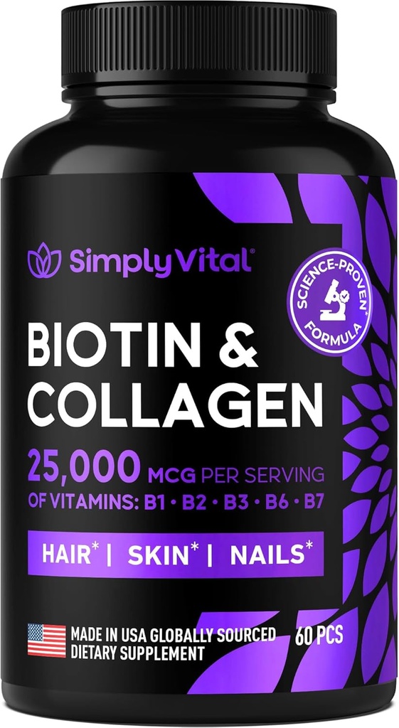 与Keratin 25000 mcg的生物素和柯拉根补充剂 - 与Colagen Keratin B 复合体的毛皮和直肠维生素 - 在美国制造 - 生物素促进毛发生长 女性和男性支持皮和直肠 60 Capsules