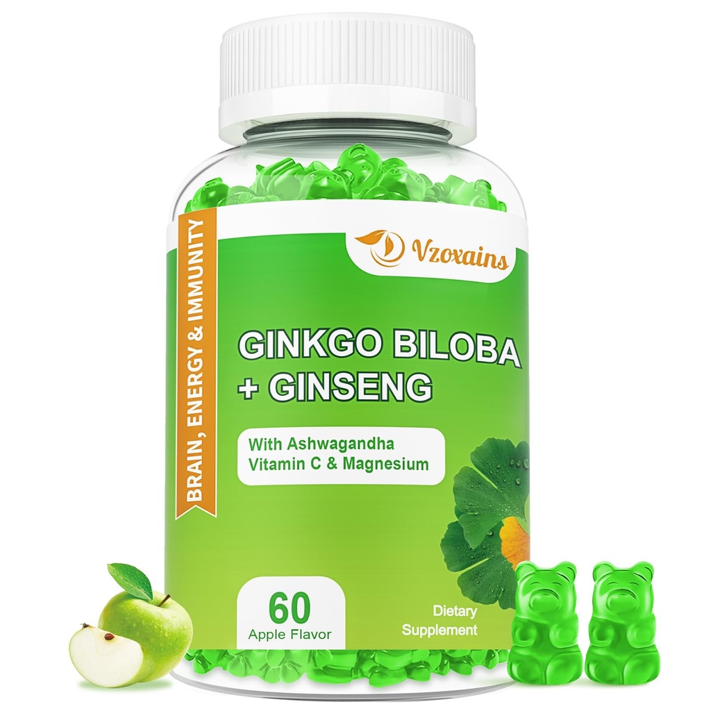 240MG Ginkgo Biloba Gummys配有Ginseng和Magnesium,Ginko Biloba配有Gummys 用于脑聚焦、成人的模样和记忆,60Cts