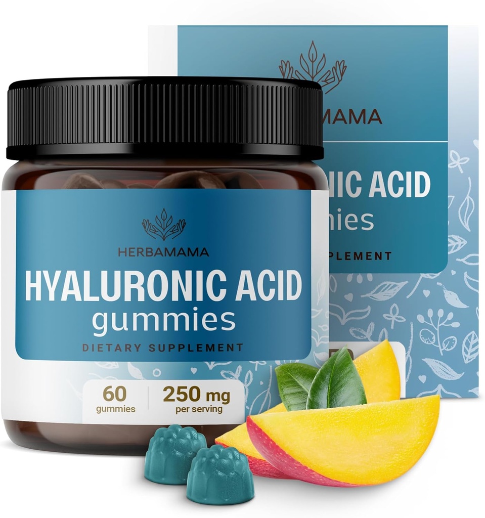 HERBAMAMA Hyaluronic Acid Gummys - 250mg 纯Hyaluronic Acid for hair, Skin & Nails Support - Vegan, N-GMO 皮肤弹性补充 - 60 Pectin-基于Mango-Flavorored Chews (英语).